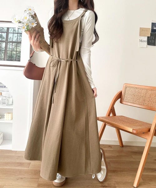 肩紐ワンピース茶系 即納]ロープショルダーシャイニーワンピース/ブラウン – Lumier