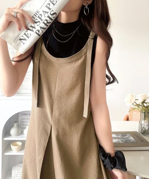 Classical Elf【UVカット・防シワ・吸水速乾・接触冷感機能付き】優しく揺れる、大人の抜け感。配色ステッチフロントタックショルダーストラップリボン付ロングワンピース商品画像-28