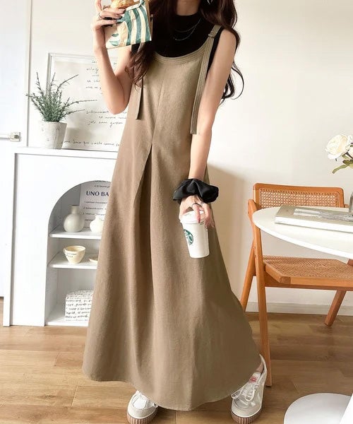 Classical Elf【UVカット・防シワ・吸水速乾・接触冷感機能付き】優しく揺れる、大人の抜け感。配色ステッチフロントタックショルダーストラップリボン付ロングワンピース商品画像-29