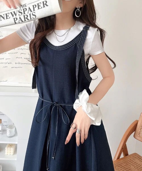 Classical Elf【UVカット・防シワ・吸水速乾・接触冷感機能付き】優しく揺れる、大人の抜け感。配色ステッチフロントタックショルダーストラップリボン付ロングワンピース商品画像-31