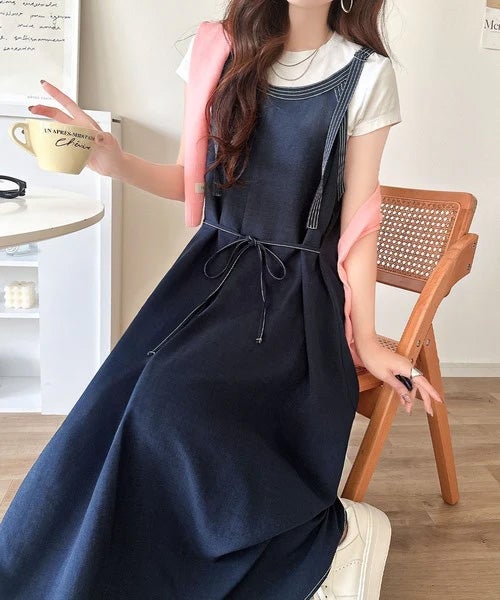 Classical Elf【UVカット・防シワ・吸水速乾・接触冷感機能付き】優しく揺れる、大人の抜け感。配色ステッチフロントタックショルダーストラップリボン付ロングワンピース商品画像-33