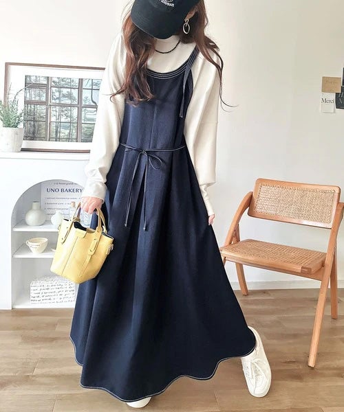Classical Elf【UVカット・防シワ・吸水速乾・接触冷感機能付き】優しく揺れる、大人の抜け感。配色ステッチフロントタックショルダーストラップリボン付ロングワンピース商品画像-34