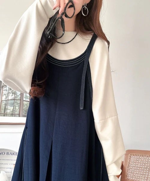 Classical Elf【UVカット・防シワ・吸水速乾・接触冷感機能付き】優しく揺れる、大人の抜け感。配色ステッチフロントタックショルダーストラップリボン付ロングワンピース商品画像-36