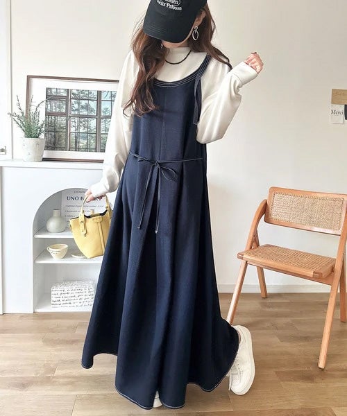 Classical Elf【UVカット・防シワ・吸水速乾・接触冷感機能付き】優しく揺れる、大人の抜け感。配色ステッチフロントタックショルダーストラップリボン付ロングワンピース商品画像-37