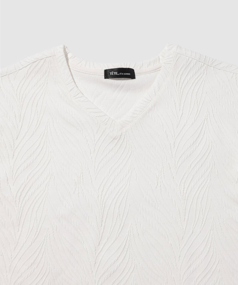 TETE HOMME 膨れジャガード 配色切替半袖VネックTシャツ メンズ メール便 対応商品商品画像-4