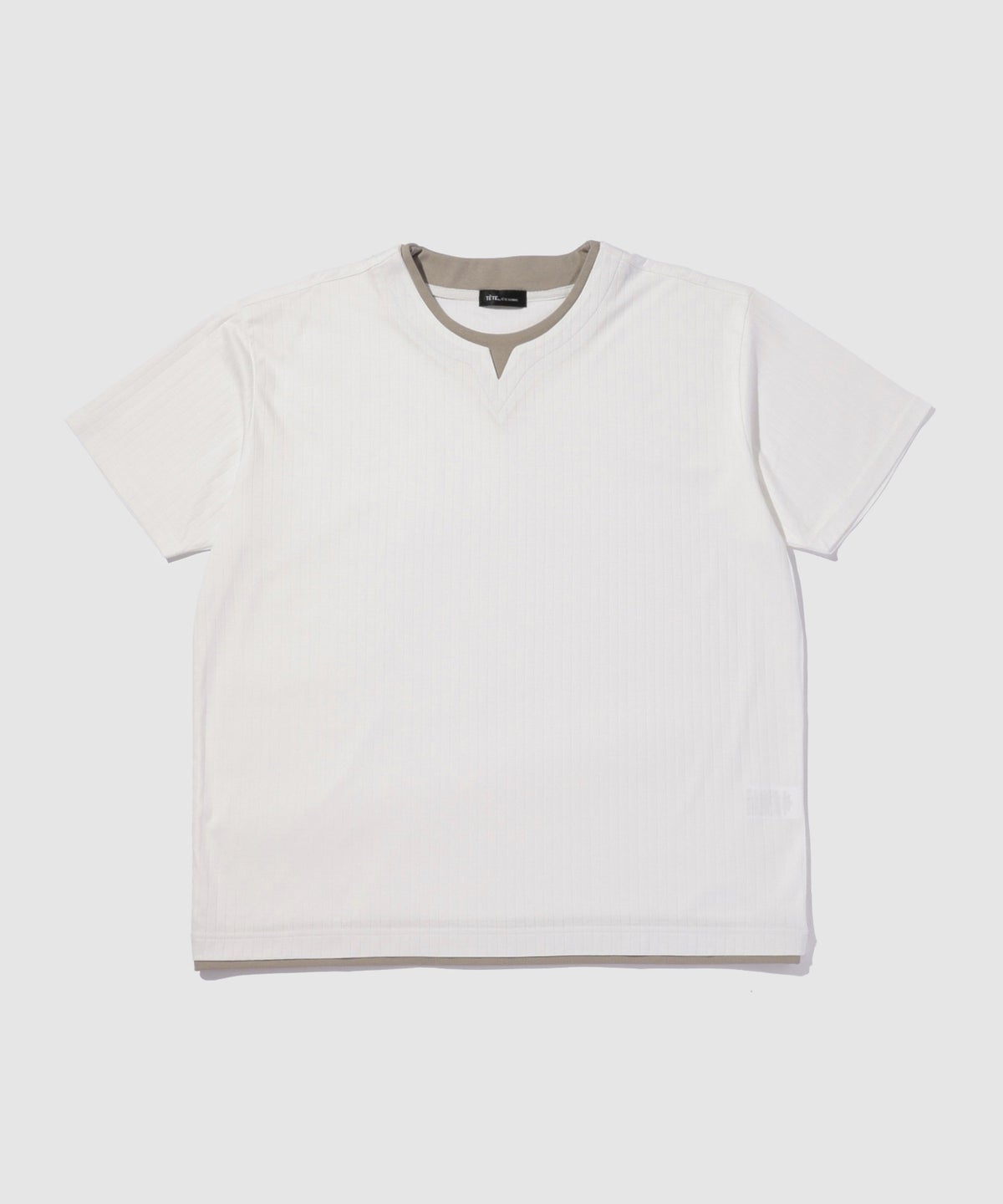 TETE HOMME 針抜きストライプ 配色レイヤード キーネック半袖Tシャツ メンズ メール便 対応商品