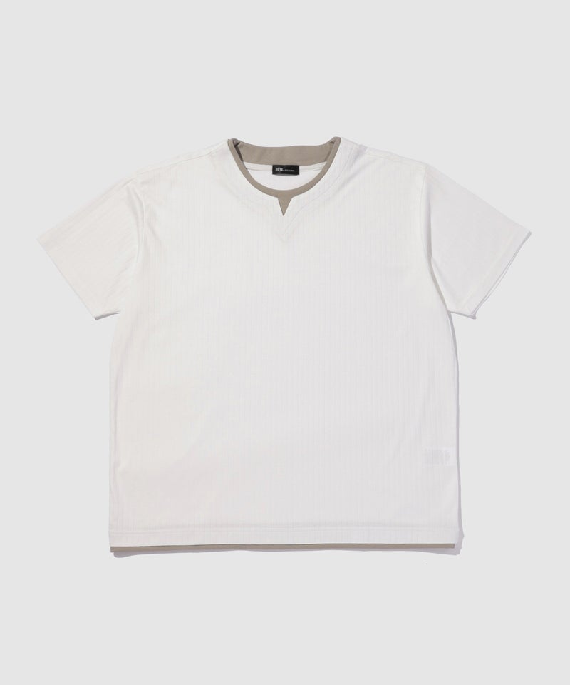 TETE HOMME  針抜きストライプ 配色レイヤード キーネック半袖Tシャツ メンズ メール便 対応商品商品画像-1