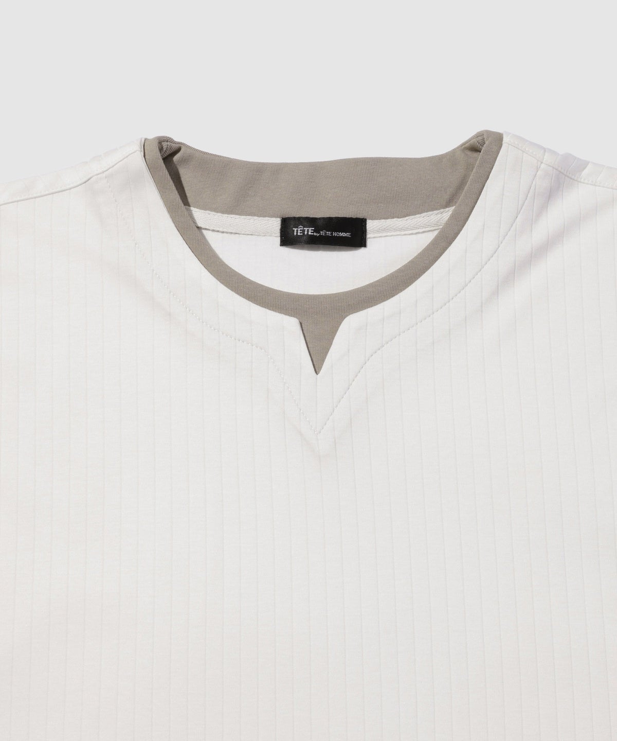 TETE HOMME 針抜きストライプ 配色レイヤード キーネック半袖Tシャツ メンズ メール便 対応商品
