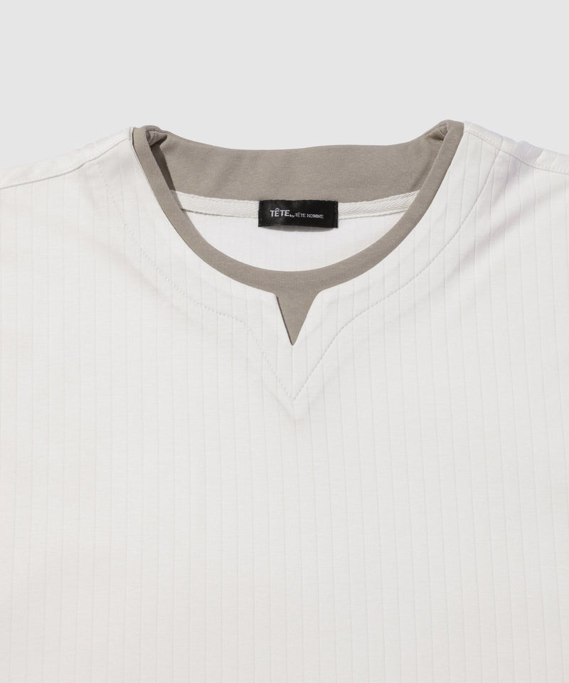 TETE HOMME 針抜きストライプ 配色レイヤード キーネック半袖Tシャツ メンズ メール便 対応商品商品画像-4