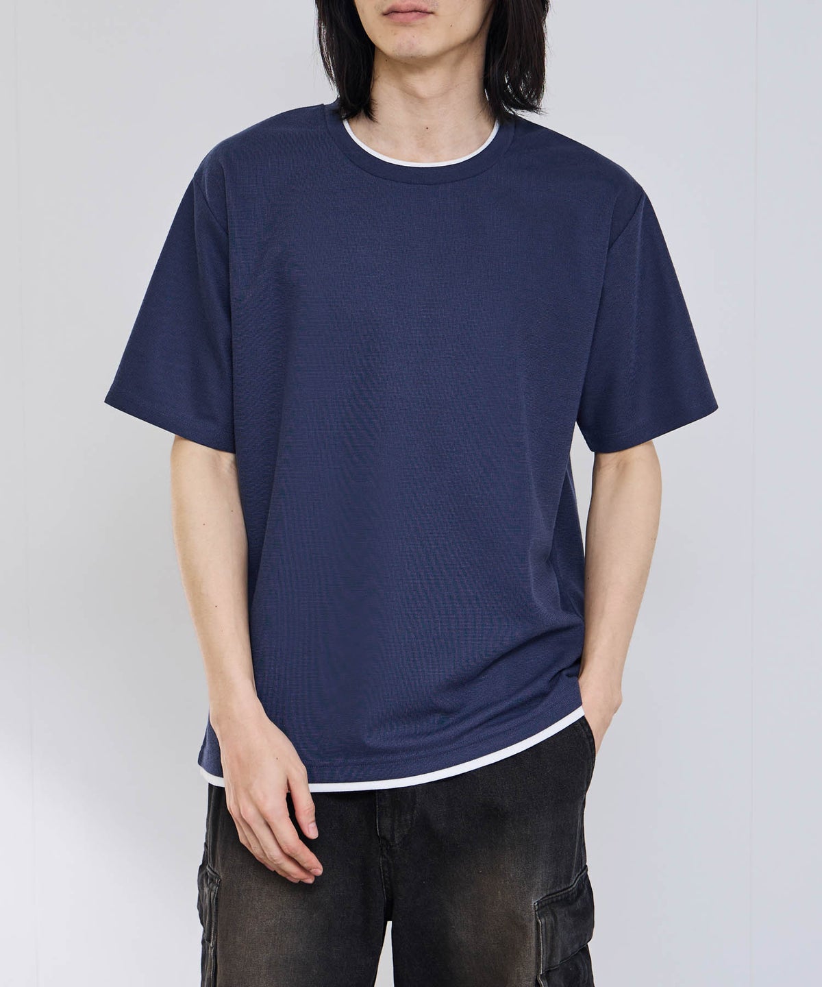 NAVY SARARI 冷感フェイクレイヤード クルーネックTシャツ メンズ メール便 対応商品