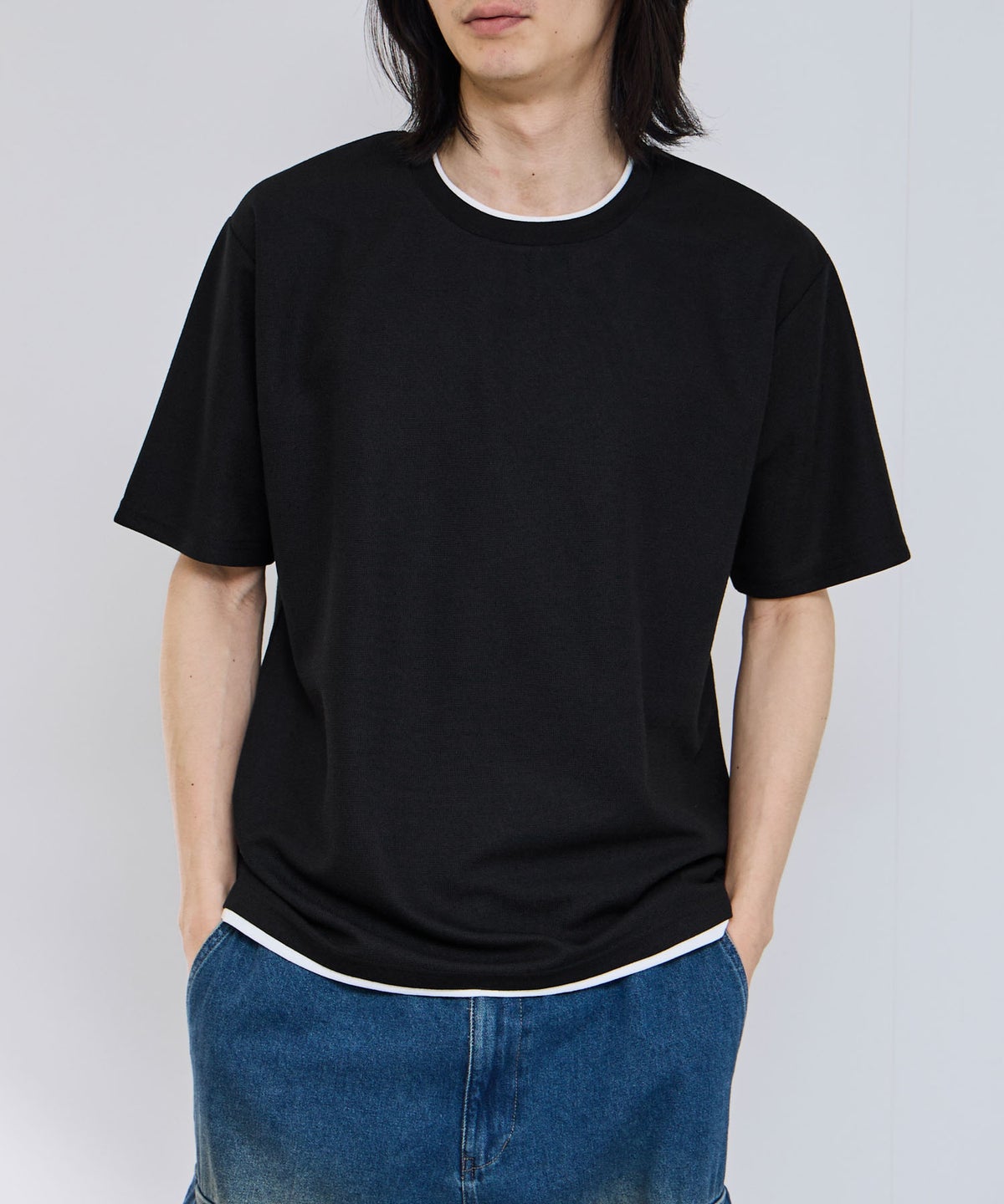 NAVY SARARI 冷感フェイクレイヤード クルーネックTシャツ メンズ メール便 対応商品