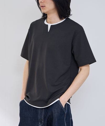 NAVY SARARI 冷感フェイクレイヤード キーネックTシャツ メンズ メール便 対応商品