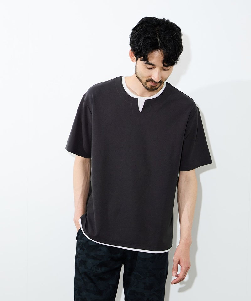 NAVY  SARARI 冷感フェイクレイヤード キーネックTシャツ メンズ メール便 対応商品商品画像-1