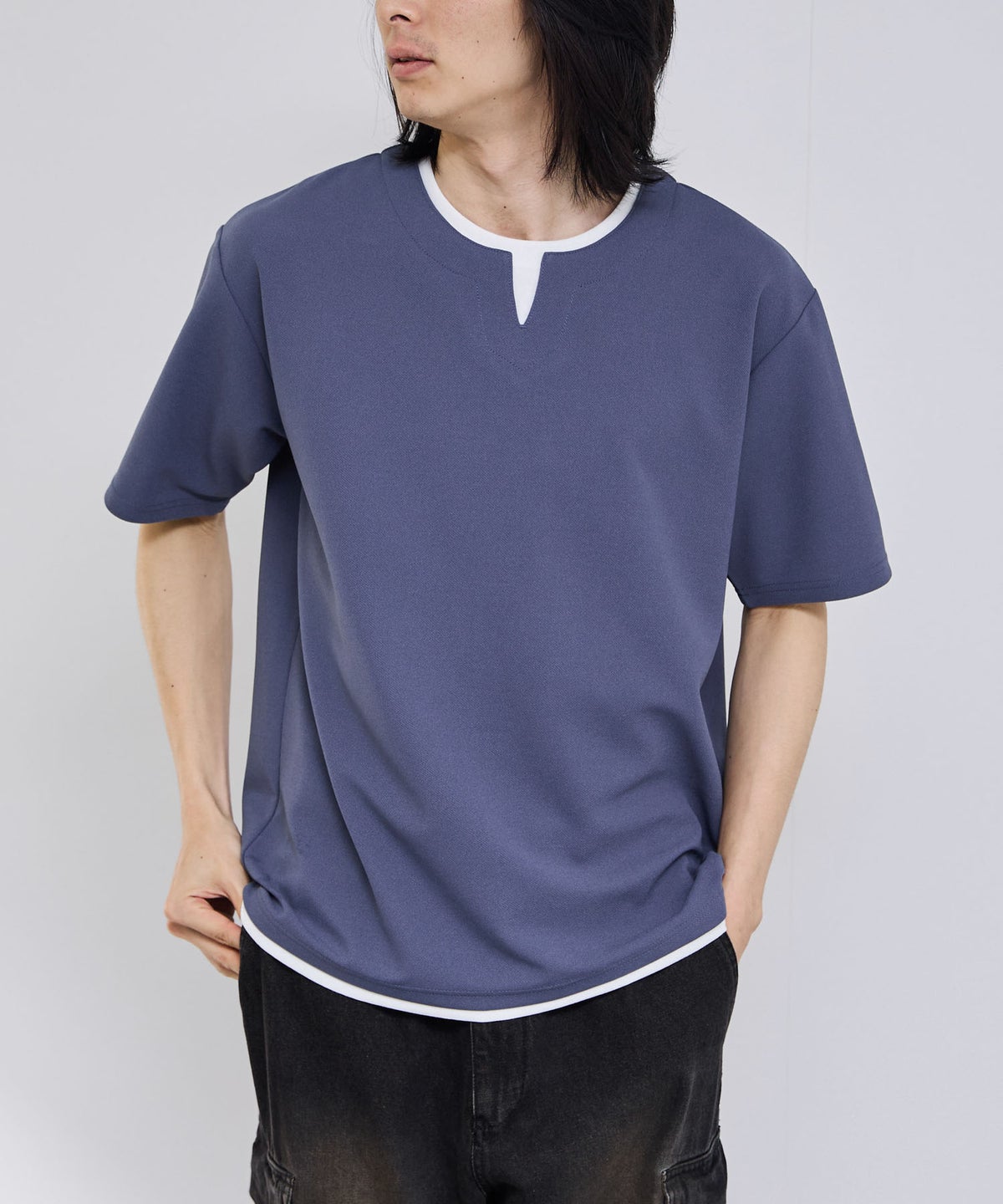 NAVY SARARI 冷感フェイクレイヤード キーネックTシャツ メンズ メール便 対応商品