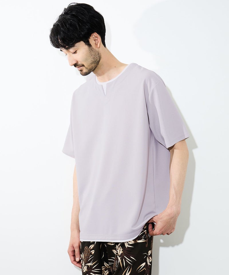 NAVY SARARI 冷感フェイクレイヤード キーネックTシャツ メンズ メール便 対応商品商品画像-2