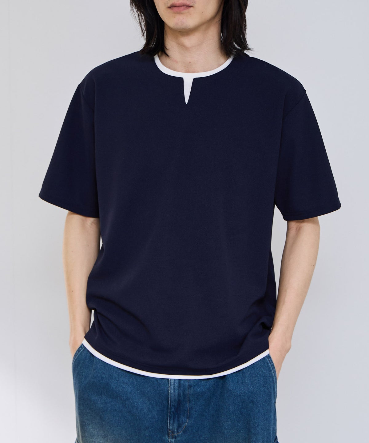 NAVY SARARI 冷感フェイクレイヤード キーネックTシャツ メンズ メール便 対応商品