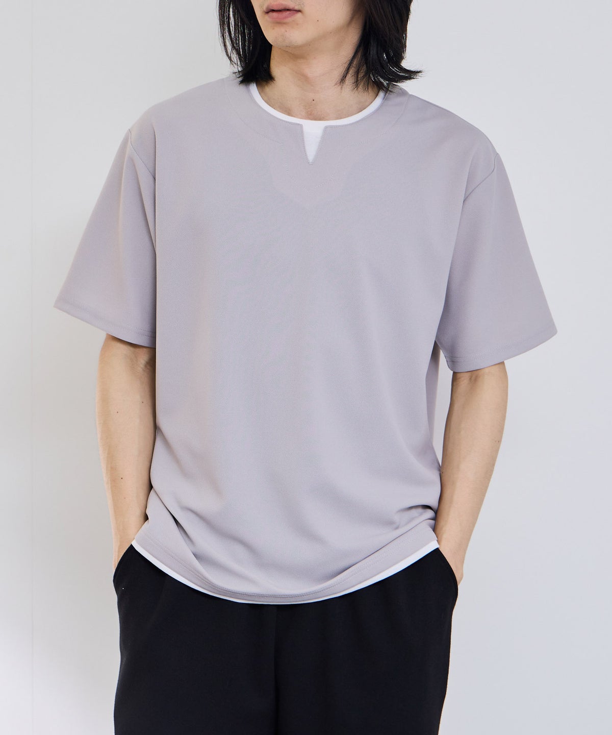 NAVY SARARI 冷感フェイクレイヤード キーネックTシャツ メンズ メール便 対応商品