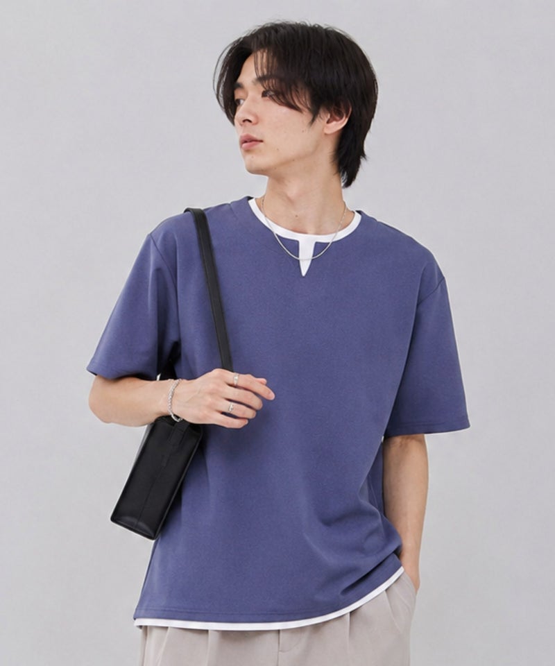 NAVY  SARARI 冷感フェイクレイヤード キーネックTシャツ メンズ メール便 対応商品商品画像-4
