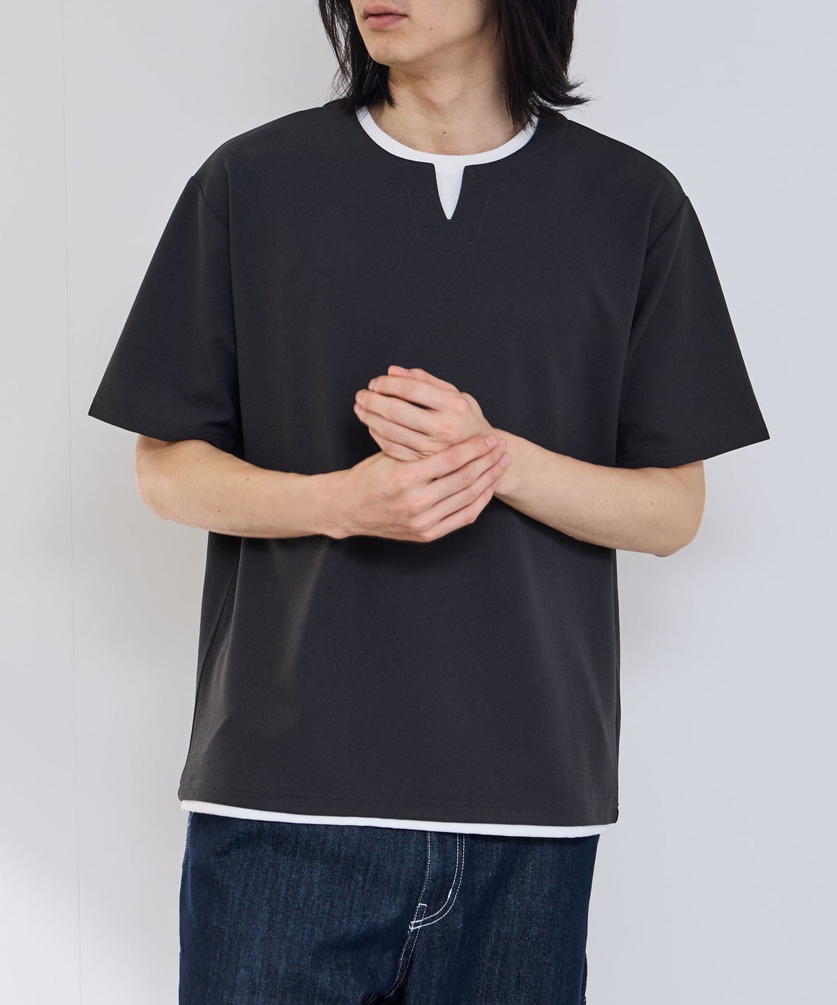 NAVY SARARI 冷感フェイクレイヤード キーネックTシャツ メンズ メール便 対応商品