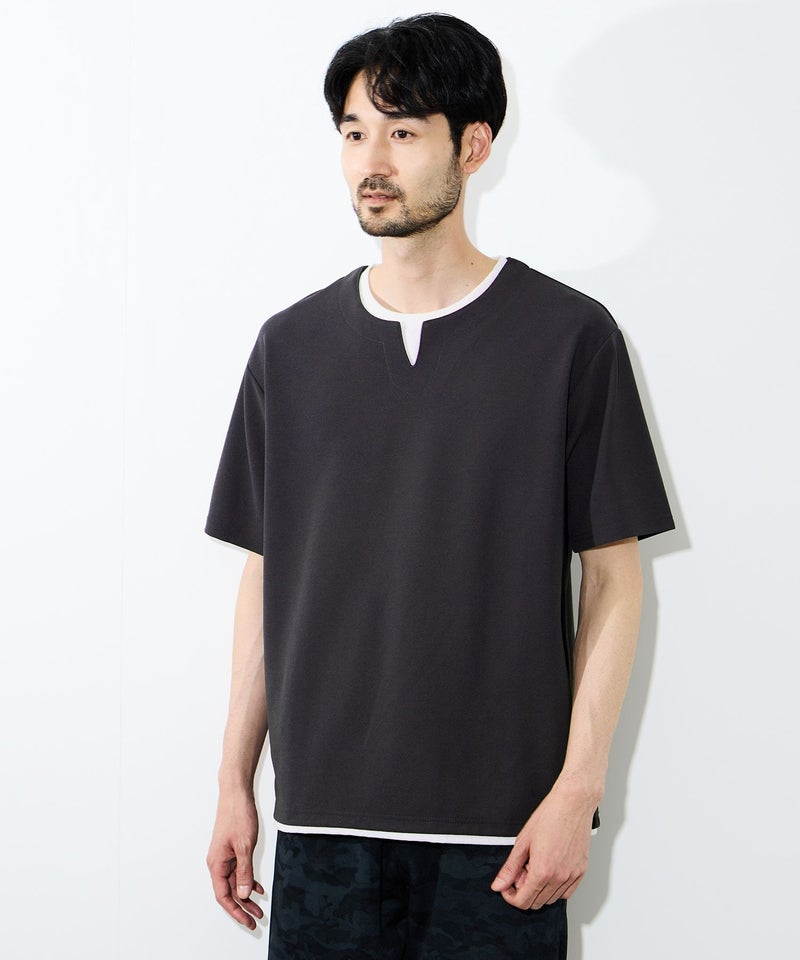 NAVY SARARI 冷感フェイクレイヤード キーネックTシャツ メンズ メール便 対応商品商品画像-5