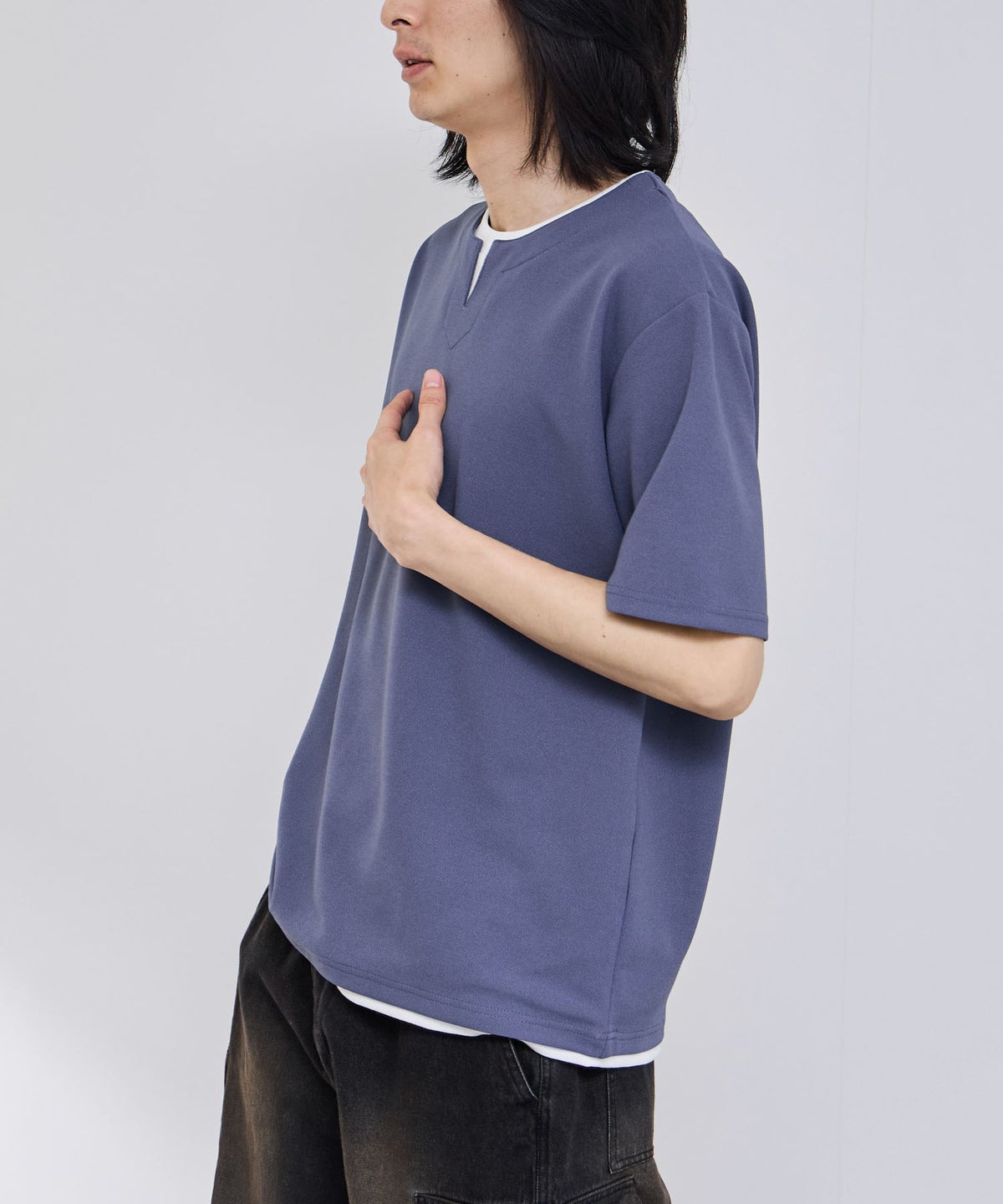 NAVY SARARI 冷感フェイクレイヤード キーネックTシャツ メンズ メール便 対応商品