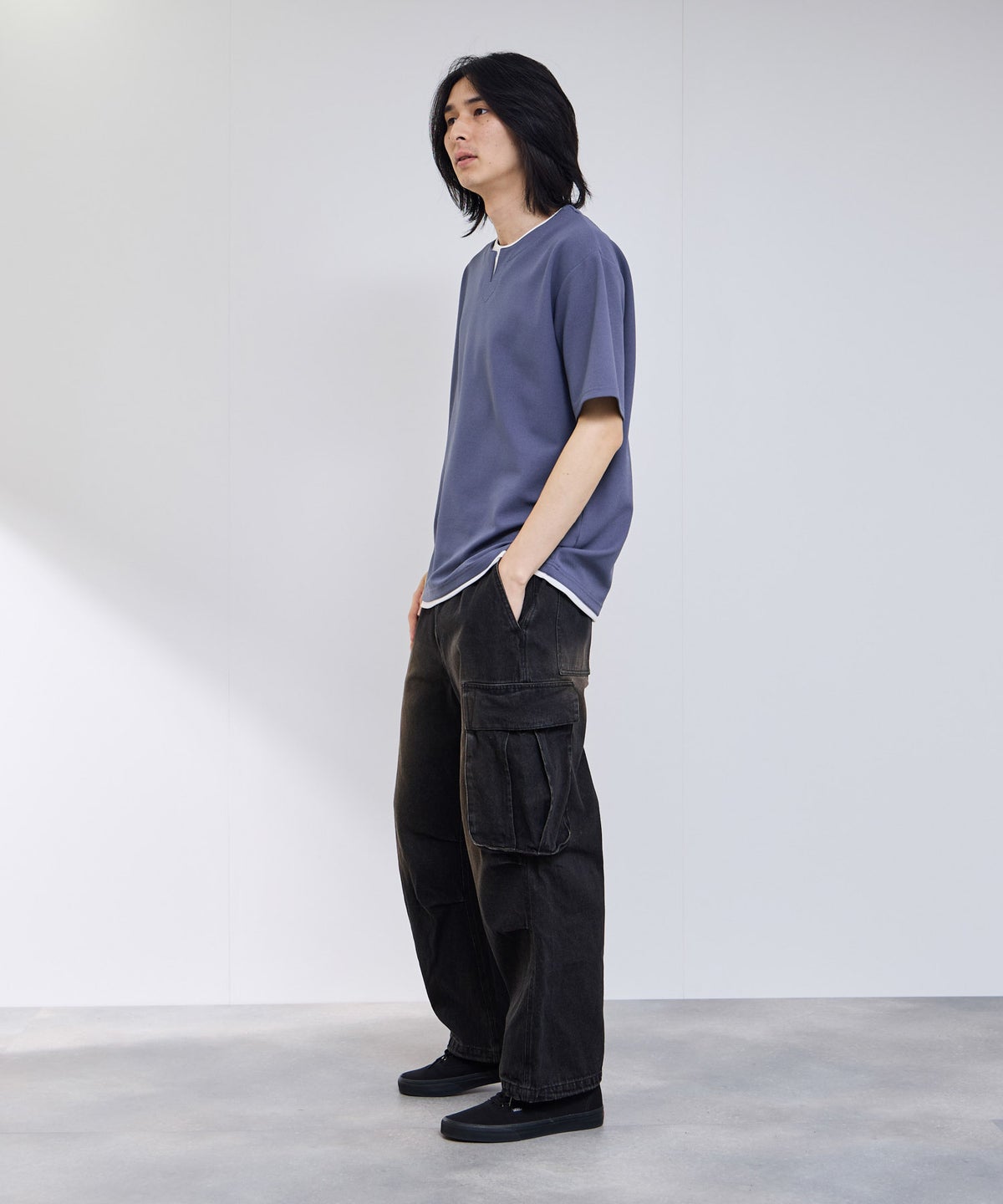 NAVY SARARI 冷感フェイクレイヤード キーネックTシャツ メンズ メール便 対応商品