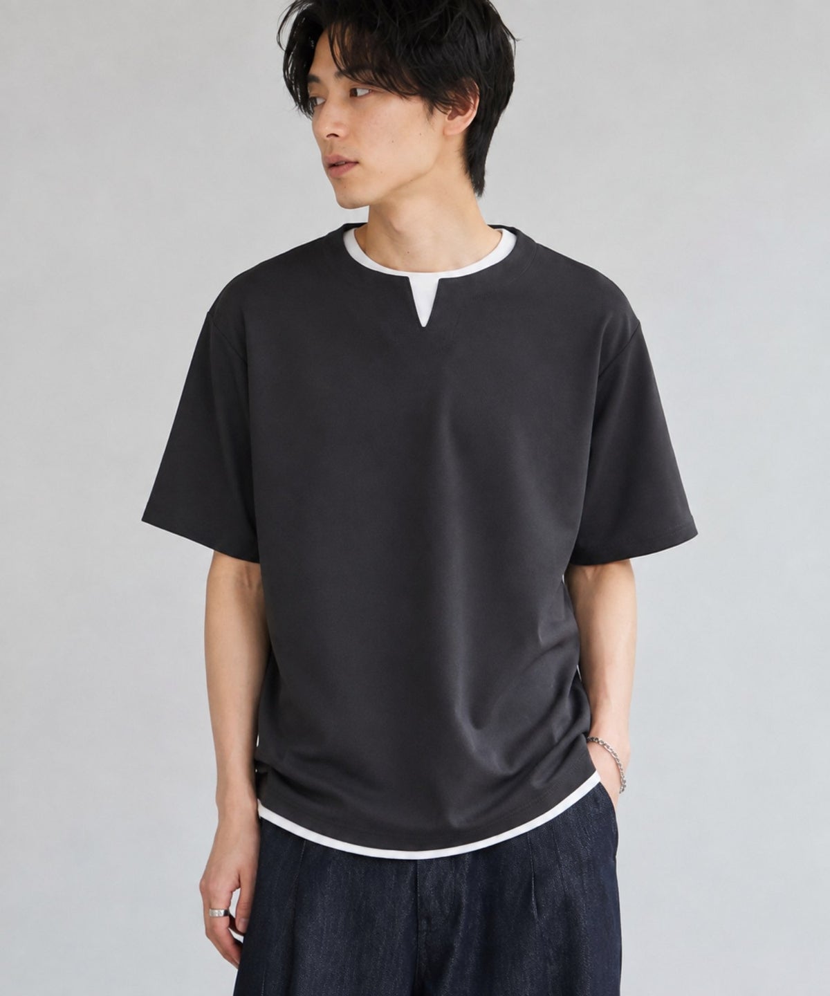 NAVY SARARI 冷感フェイクレイヤード キーネックTシャツ メンズ メール便 対応商品