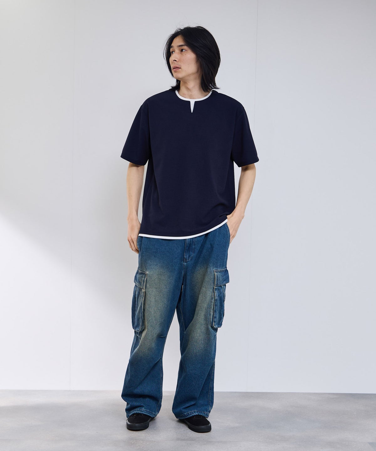 NAVY SARARI 冷感フェイクレイヤード キーネックTシャツ メンズ メール便 対応商品