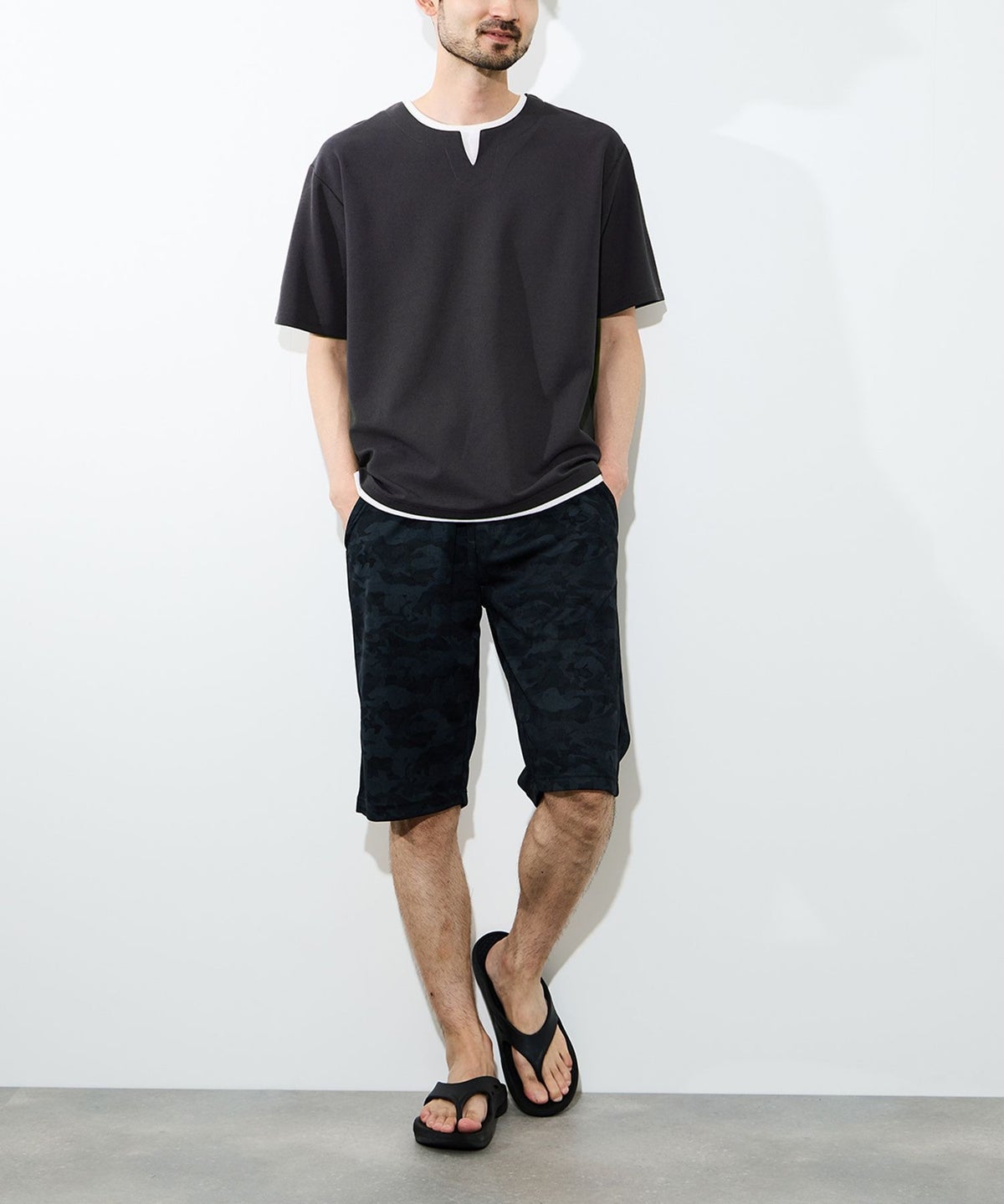 NAVY SARARI 冷感フェイクレイヤード キーネックTシャツ メンズ メール便 対応商品