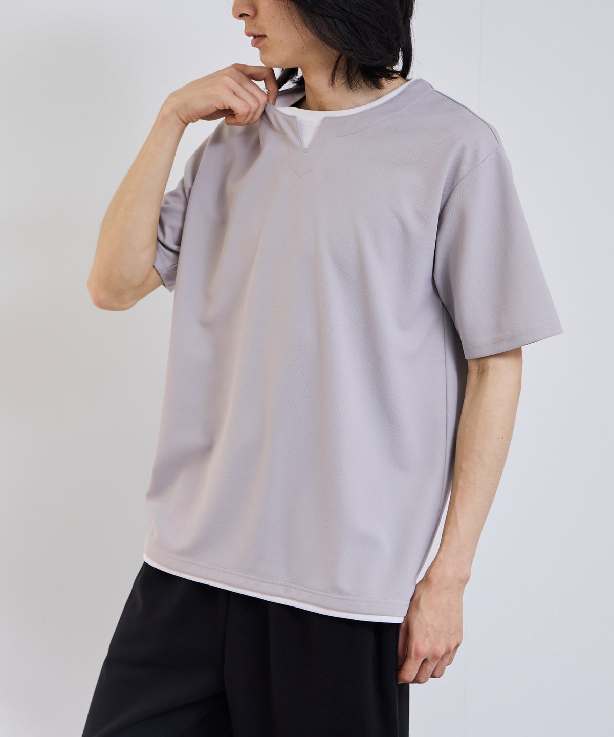 NAVY SARARI 冷感フェイクレイヤード キーネックTシャツ メンズ メール便 対応商品