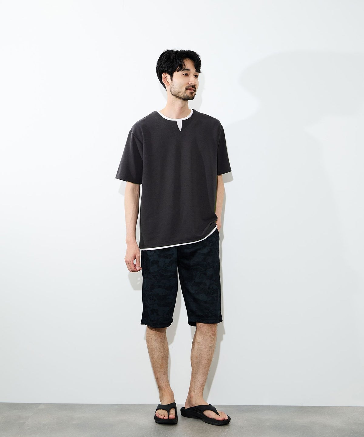 NAVY SARARI 冷感フェイクレイヤード キーネックTシャツ メンズ メール便 対応商品