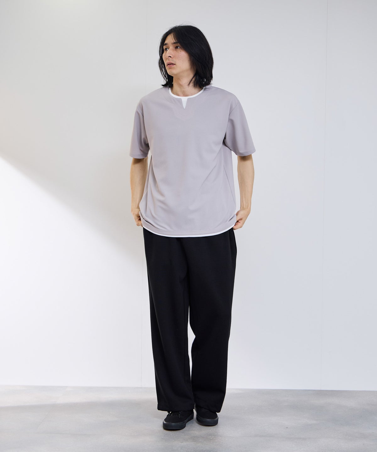 NAVY SARARI 冷感フェイクレイヤード キーネックTシャツ メンズ メール便 対応商品