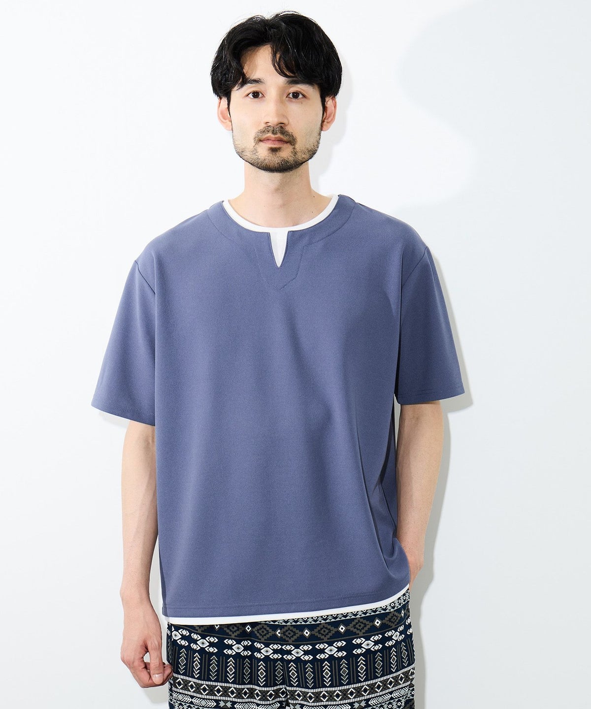 NAVY SARARI 冷感フェイクレイヤード キーネックTシャツ メンズ メール便 対応商品