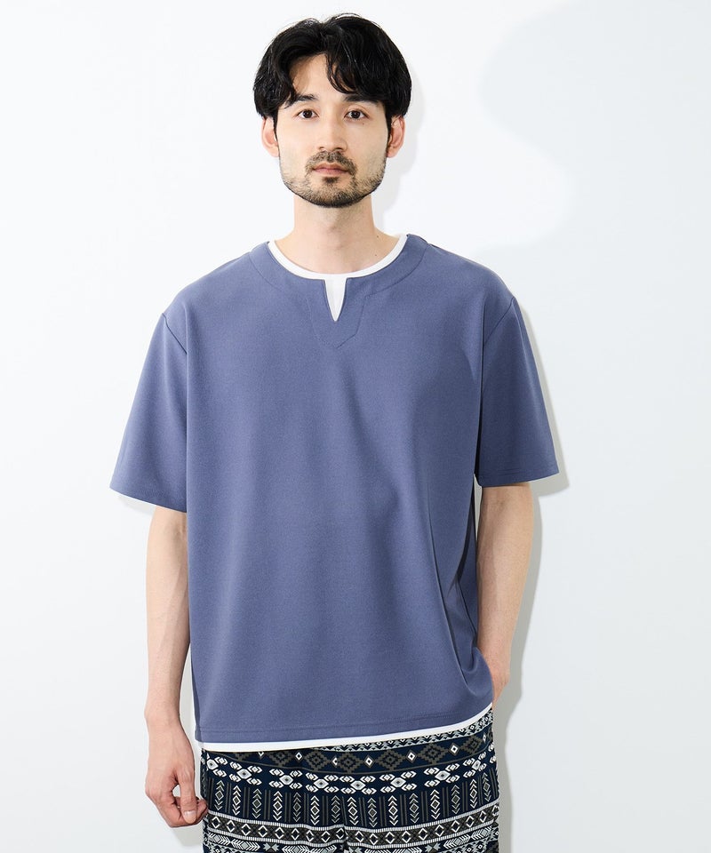 NAVY SARARI 冷感フェイクレイヤード キーネックTシャツ メンズ メール便 対応商品商品画像-12