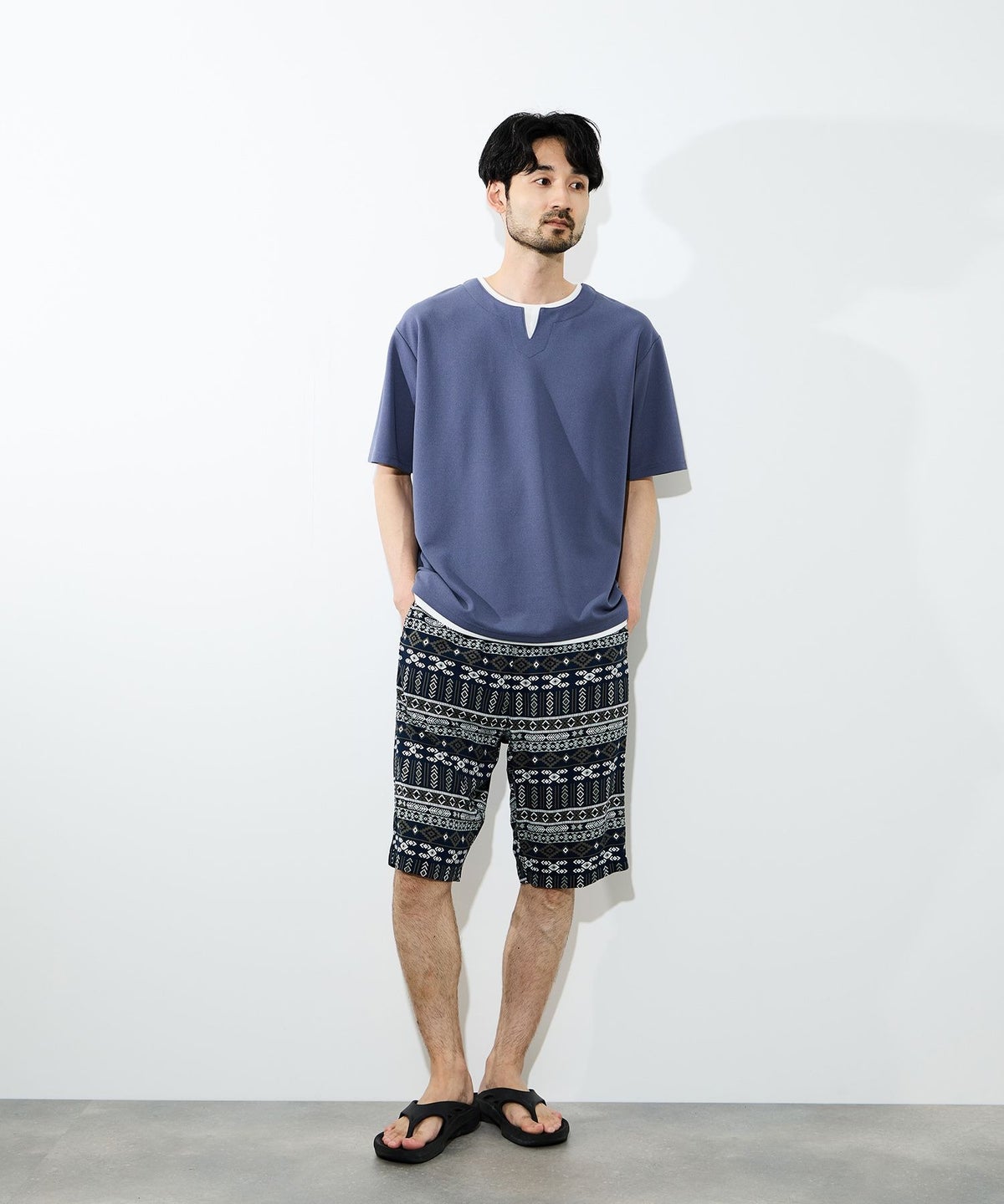 NAVY SARARI 冷感フェイクレイヤード キーネックTシャツ メンズ メール便 対応商品