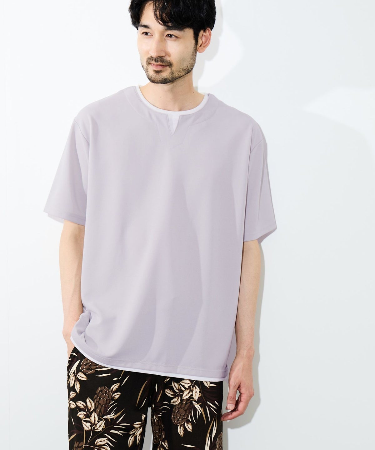 NAVY SARARI 冷感フェイクレイヤード キーネックTシャツ メンズ メール便 対応商品