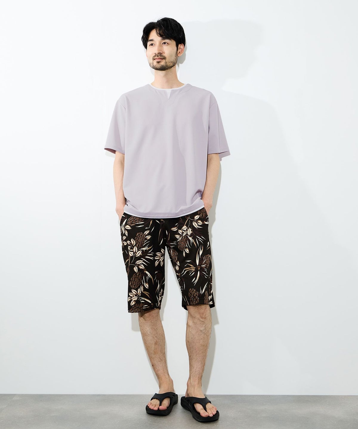 NAVY SARARI 冷感フェイクレイヤード キーネックTシャツ メンズ メール便 対応商品