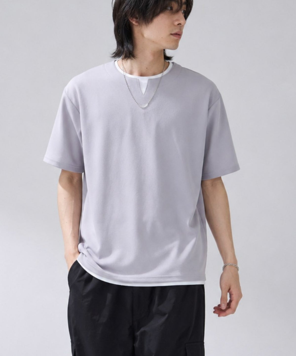 NAVY SARARI 冷感フェイクレイヤード キーネックTシャツ メンズ メール便 対応商品