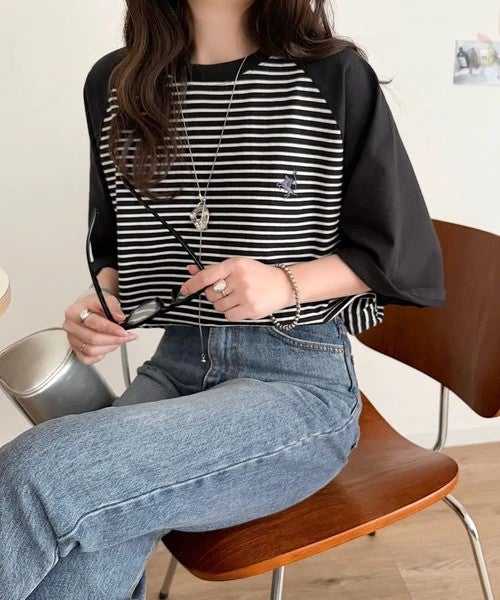 Classical Elf 《JaVaジャバコラボ》お洒落迷子の救世主。綿100%胸刺繍ラグラン配色ボーダーTシャツ商品画像-5