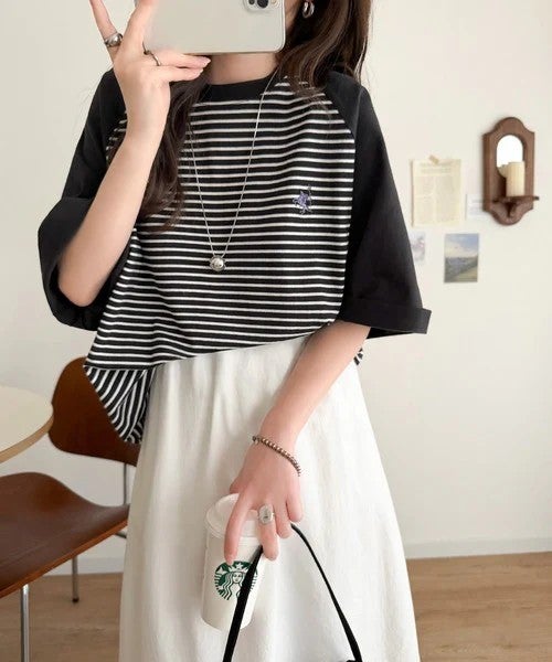 Classical Elf 《JaVaジャバコラボ》お洒落迷子の救世主。綿100％胸刺繍ラグラン配色ボーダーTシャツ商品画像-6