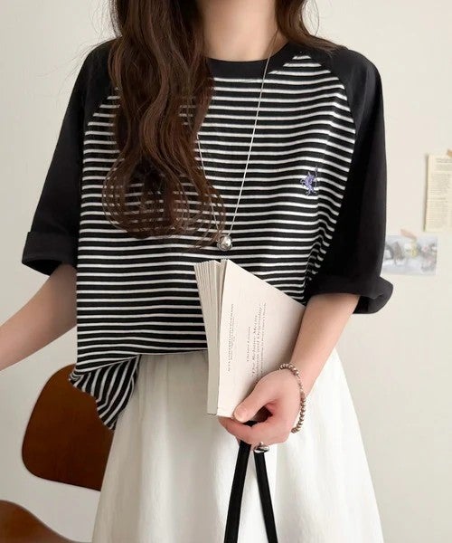 Classical Elf 《JaVaジャバコラボ》お洒落迷子の救世主。綿100％胸刺繍ラグラン配色ボーダーTシャツ商品画像-7