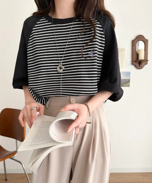 Classical Elf 《JaVaジャバコラボ》お洒落迷子の救世主。綿100％胸刺繍ラグラン配色ボーダーTシャツ商品画像-8