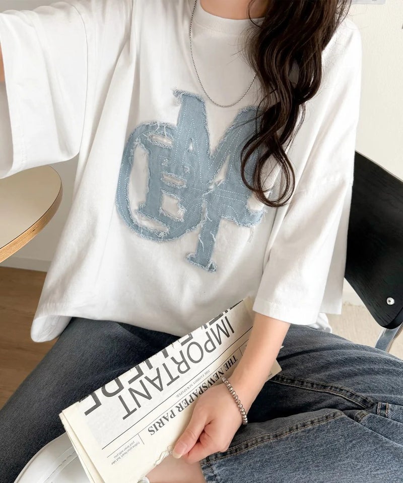 Classical Elf 【mily bilet】いつものカジュアルに、遊びをひとさじ。デニムフリンジワッペン使いコットン100%オーバーサイズTシャツ(半袖)商品画像-6