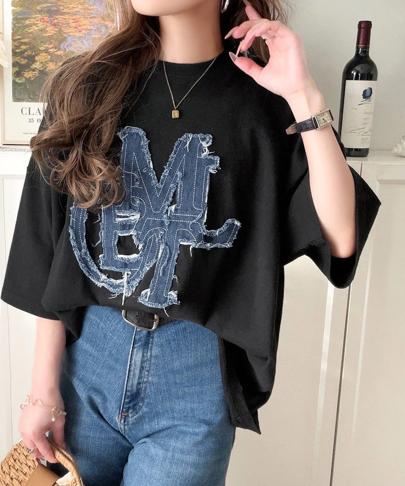 Classical Elf 【mily bilet】いつものカジュアルに、遊びをひとさじ。デニムフリンジワッペン使いコットン100%オーバーサイズTシャツ(半袖)商品画像-13