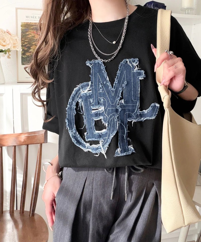 Classical Elf 【mily bilet】いつものカジュアルに、遊びをひとさじ。デニムフリンジワッペン使いコットン100%オーバーサイズTシャツ（半袖）商品画像-14