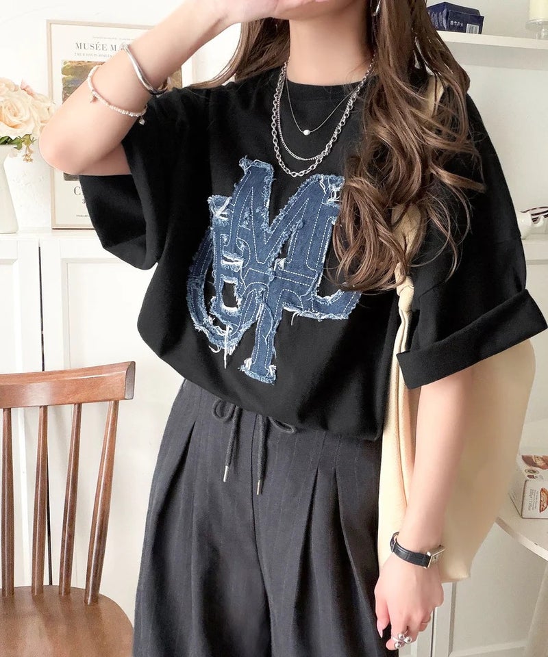 Classical Elf 【mily bilet】いつものカジュアルに、遊びをひとさじ。デニムフリンジワッペン使いコットン100%オーバーサイズTシャツ(半袖)商品画像-15