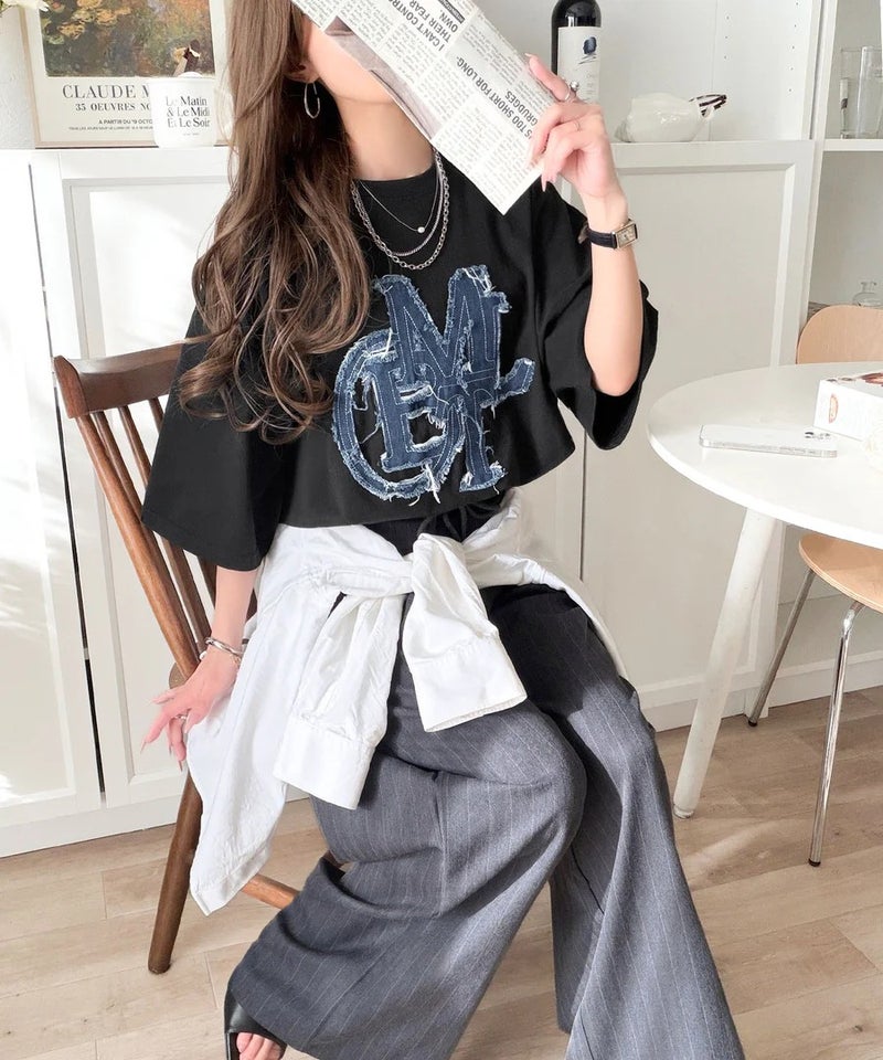 Classical Elf 【mily bilet】いつものカジュアルに、遊びをひとさじ。デニムフリンジワッペン使いコットン100%オーバーサイズTシャツ(半袖)商品画像-16