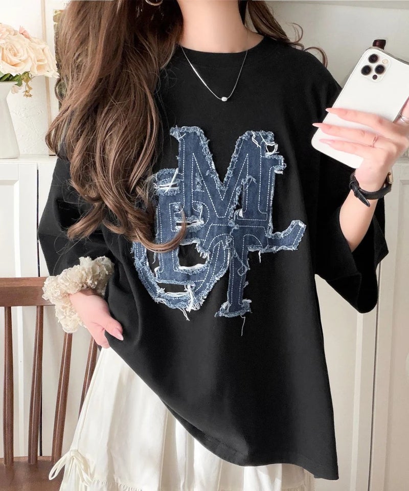 Classical Elf 【mily bilet】いつものカジュアルに、遊びをひとさじ。デニムフリンジワッペン使いコットン100%オーバーサイズTシャツ(半袖)商品画像-17