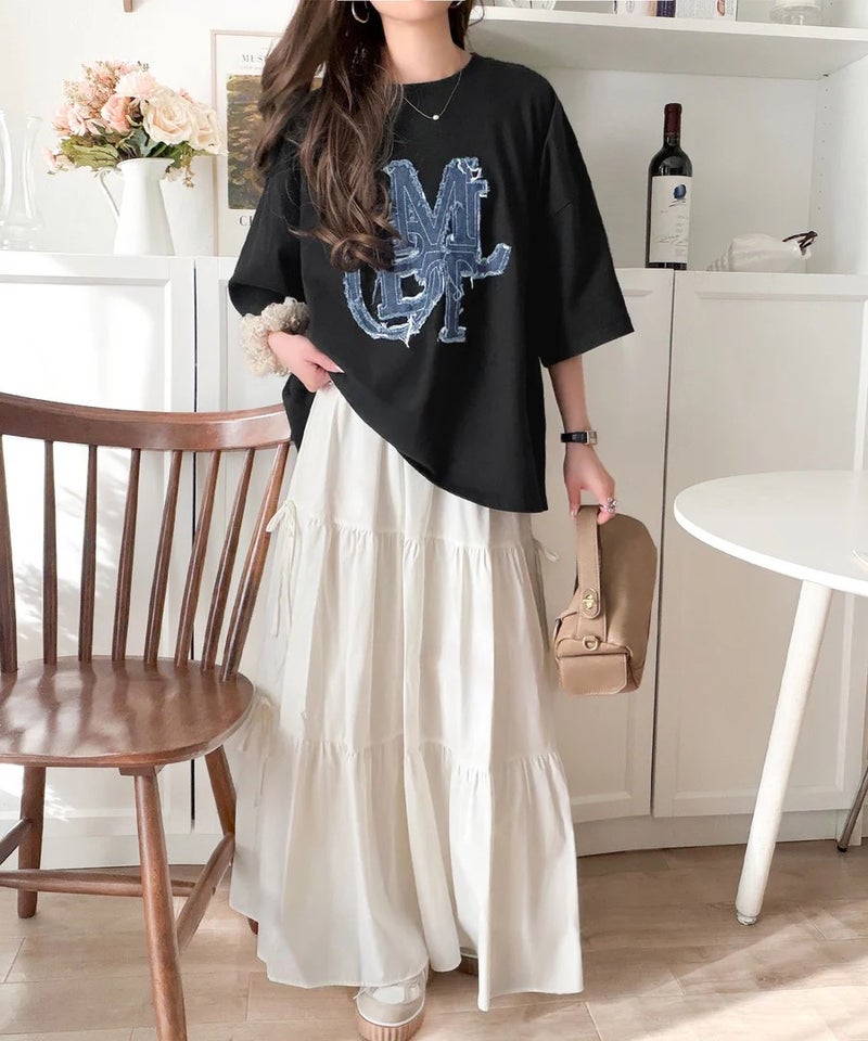 Classical Elf 【mily bilet】いつものカジュアルに、遊びをひとさじ。デニムフリンジワッペン使いコットン100%オーバーサイズTシャツ（半袖）商品画像-18