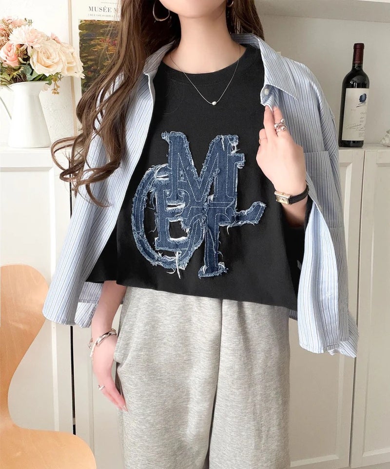 Classical Elf 【mily bilet】いつものカジュアルに、遊びをひとさじ。デニムフリンジワッペン使いコットン100%オーバーサイズTシャツ（半袖）商品画像-19